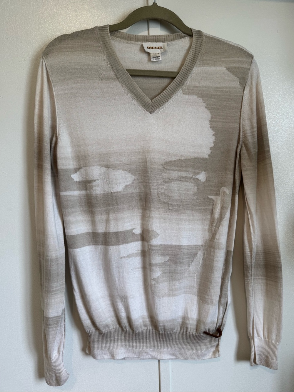Vintage 2010s Diesel V-Neck Sweater in Neutral Beige, Gray, and Cream Ombre.